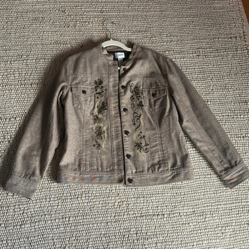 Chico's Vintage Metallic Gold Embroidered Denim Jacket Boho Shimmer Sz M